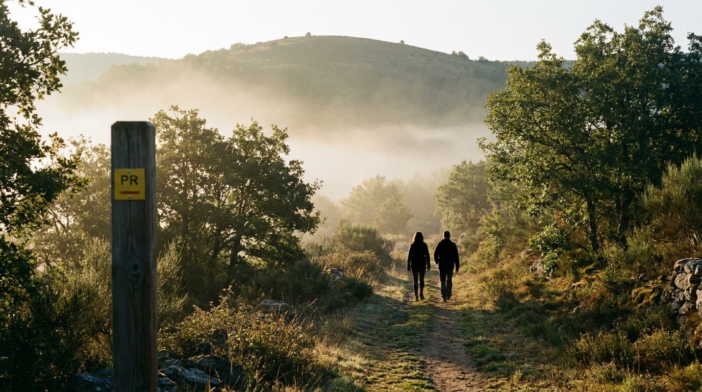 Deux randonneurs de dos sur un sentier PR balisé dans les Cévennes au matin