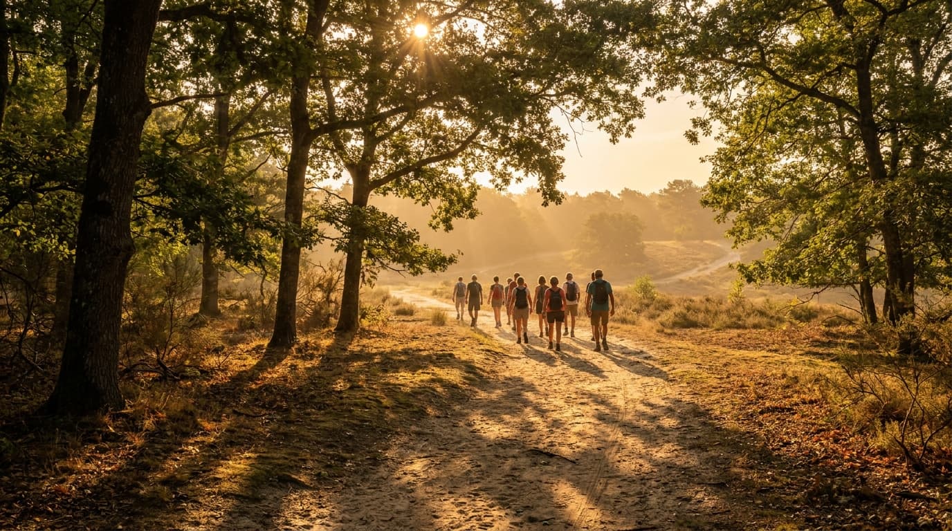 Groupe de randonneurs de dos sur un sentier forestier de Fontainebleau en été