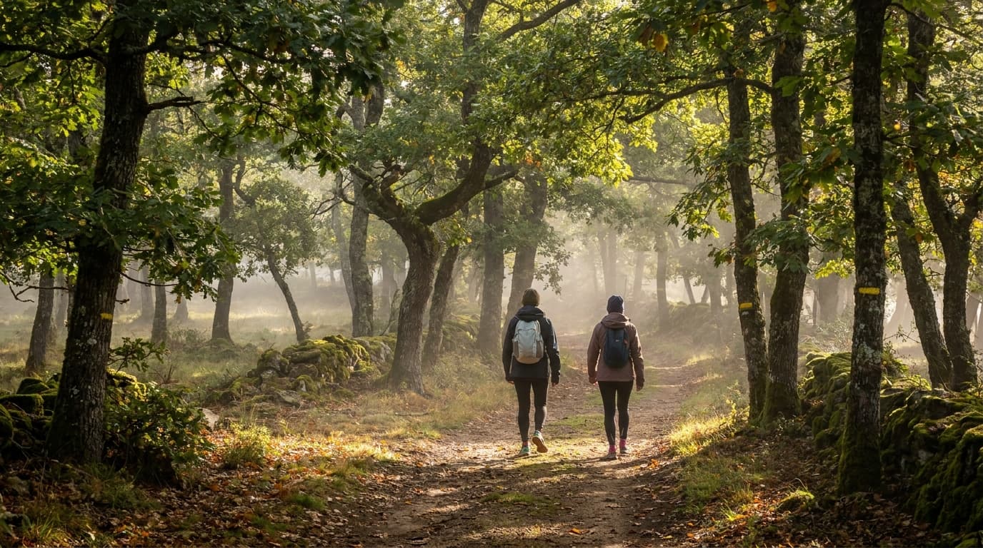 Deux randonneurs vus de dos sur un sentier boisé du Massif Central en automne doré