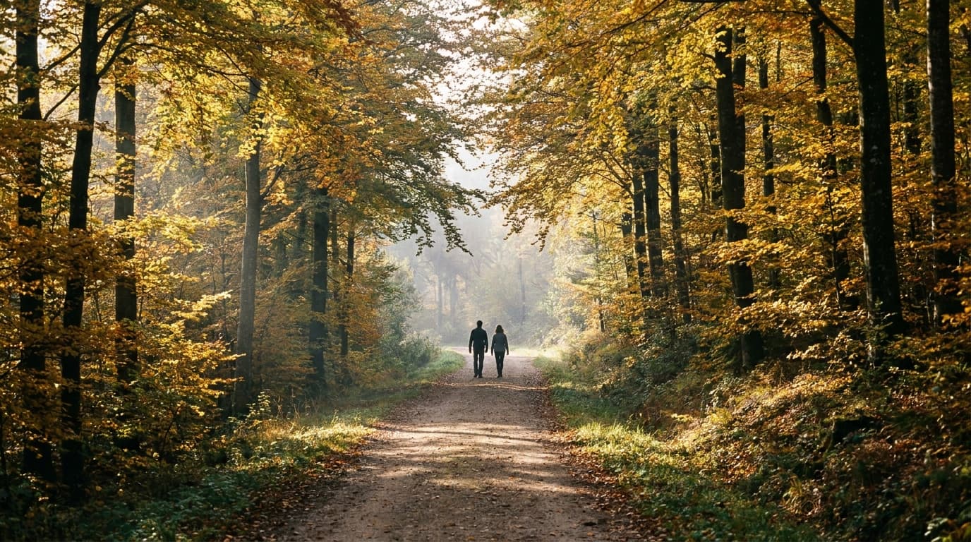 Deux silhouettes marchant de dos sur un sentier forestier automnal dans les Vosges