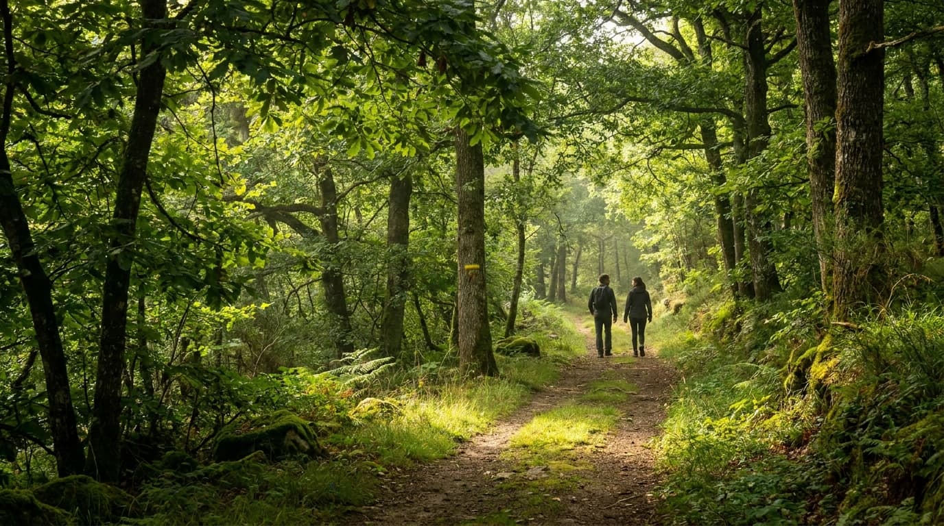 Sentier ombragé en forêt du Massif Central en août, deux silhouettes de dos marchant côte à côte