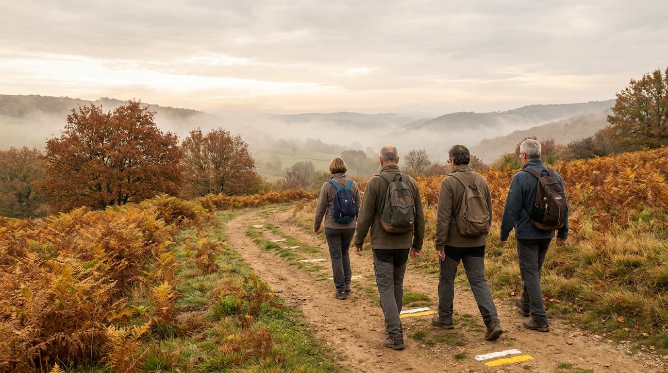 Groupe de randonneurs de dos sur un sentier PR balisé en forêt automnale, Massif Central