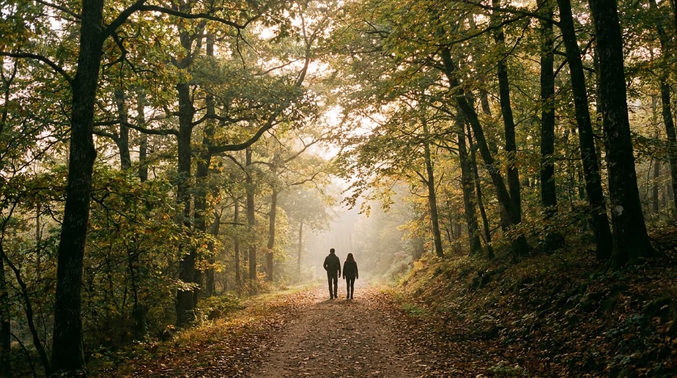 Deux silhouettes de dos sur un sentier forestier automnal en France