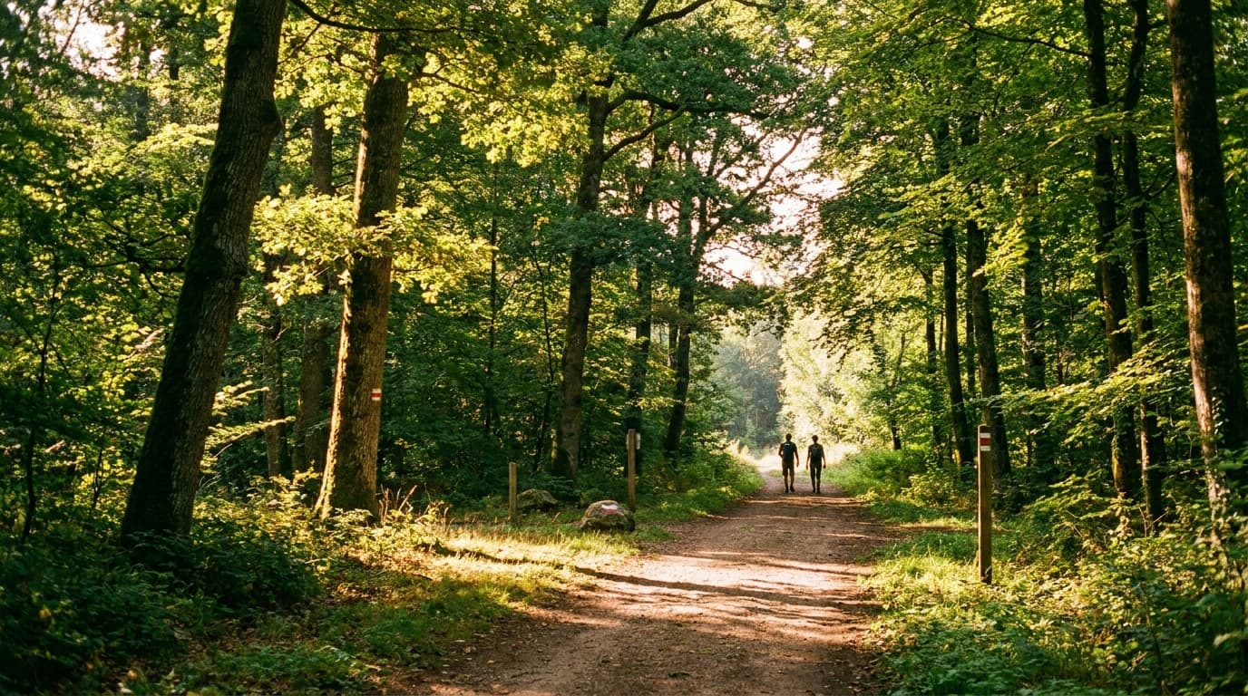 Sentier balisé en forêt des Vosges, deux silhouettes en randonnée estivale