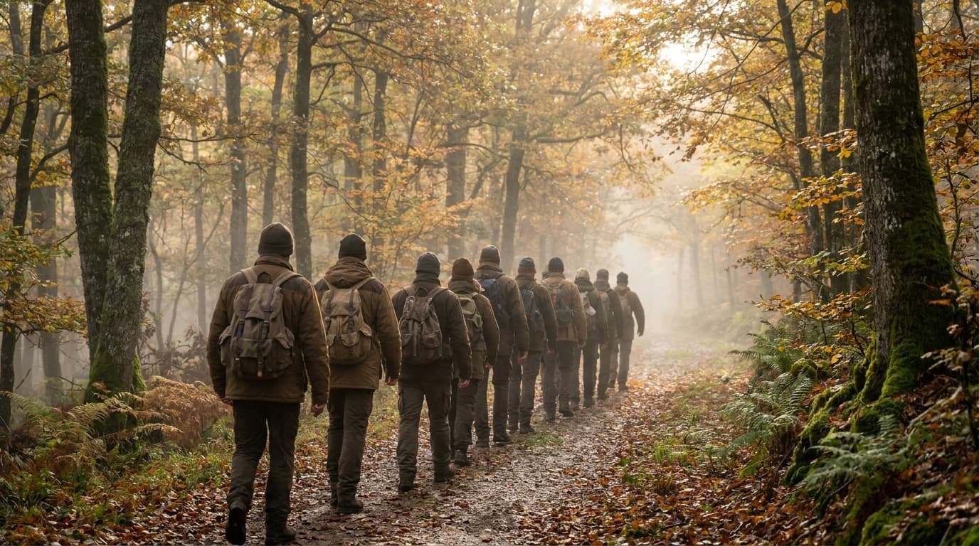Groupe de randonneurs de dos sur un sentier forestier des Vosges en automne