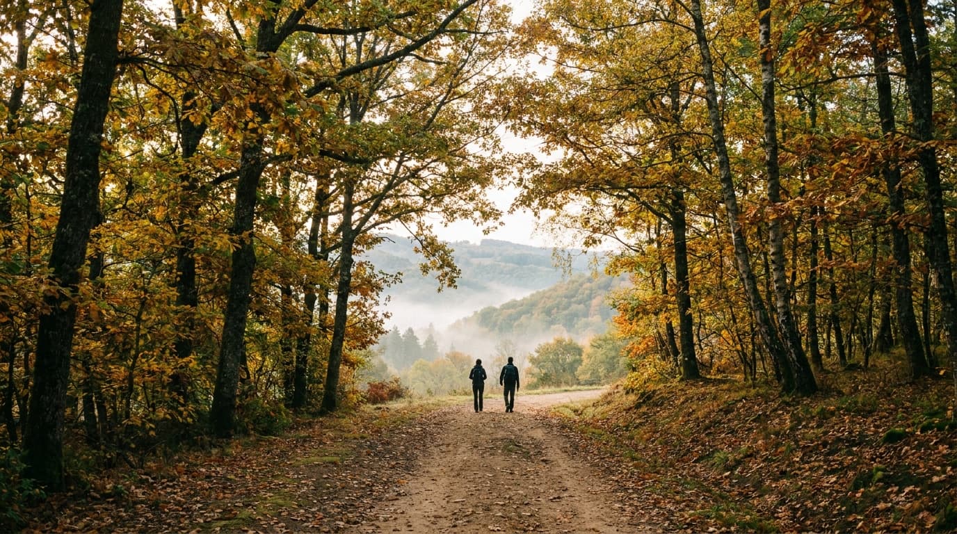 Sentier forestier du Massif Central en automne, deux silhouettes marchant côte à côte