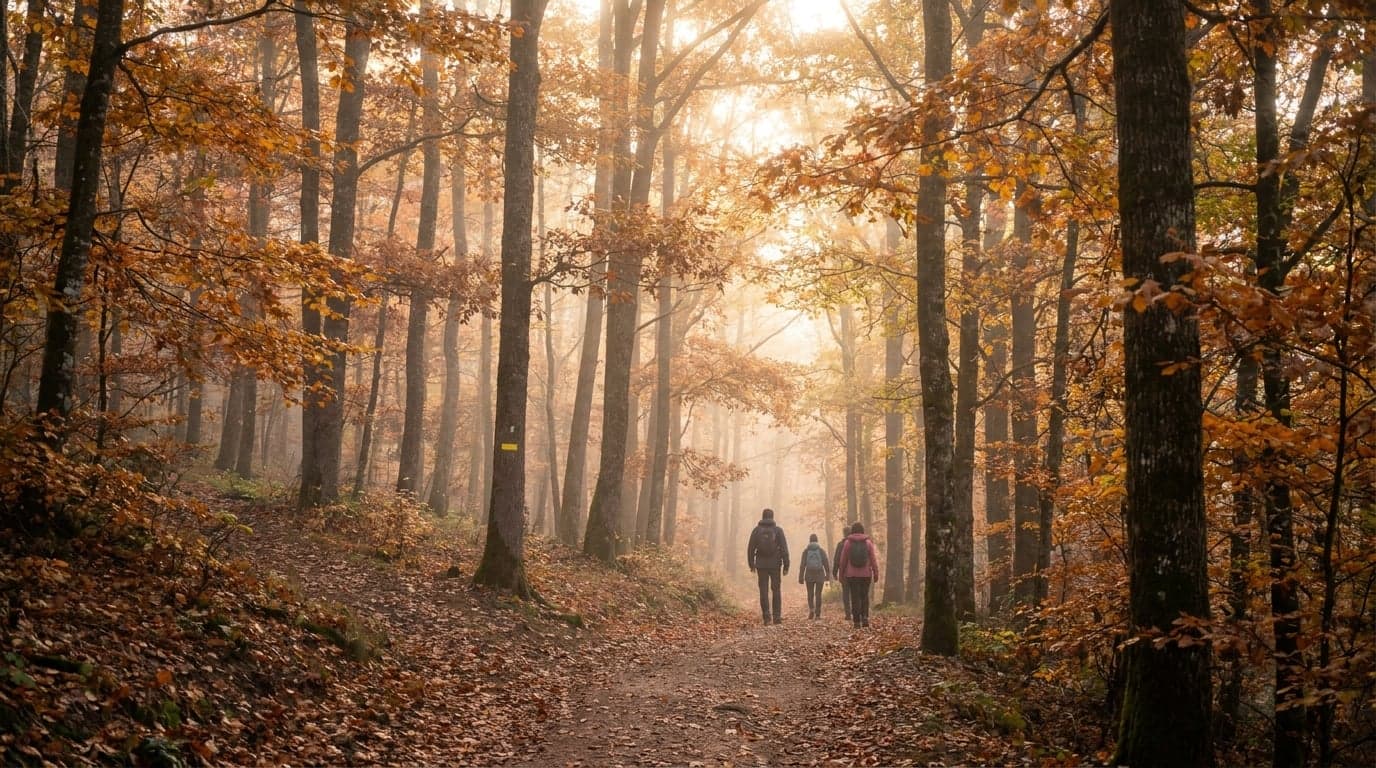 Sentier PR balisé en forêt vosgienne, silhouettes de randonneurs de dos à l'automne