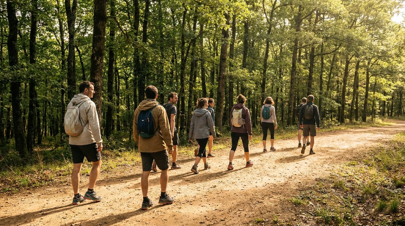Groupe de randonneurs célibataires sur un sentier forestier du Massif Central en août