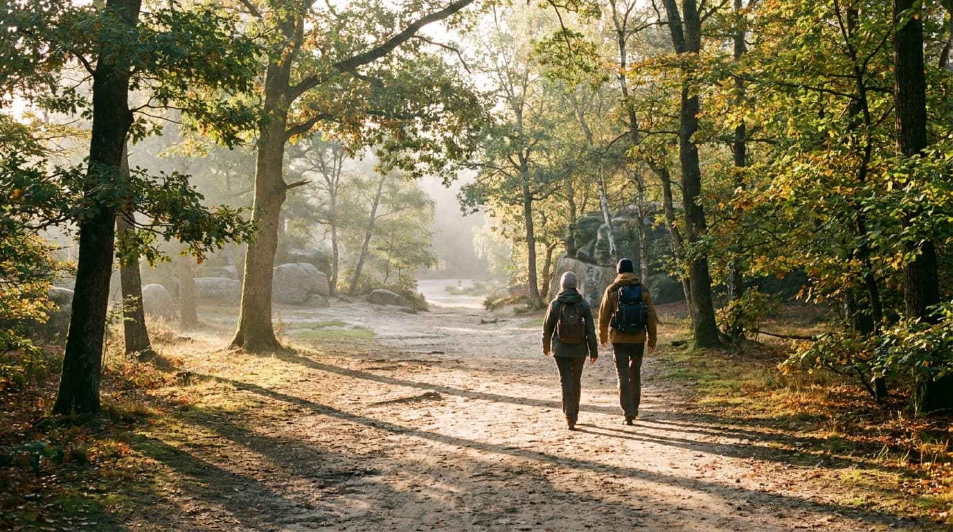 Deux silhouettes marchant de dos sur un sentier balisé en forêt de Fontainebleau