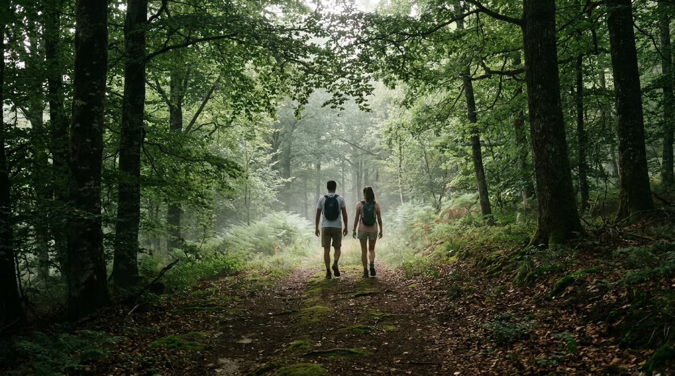 Sentier ombragé dans les Vosges en août, deux randonneurs de dos sous la canopée.