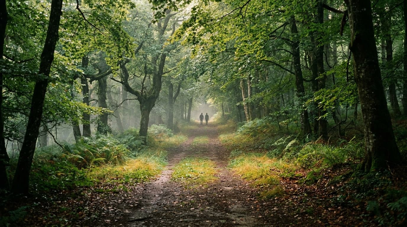 Sentier ombragé en forêt de hêtres dans le Massif Central, matin d'août