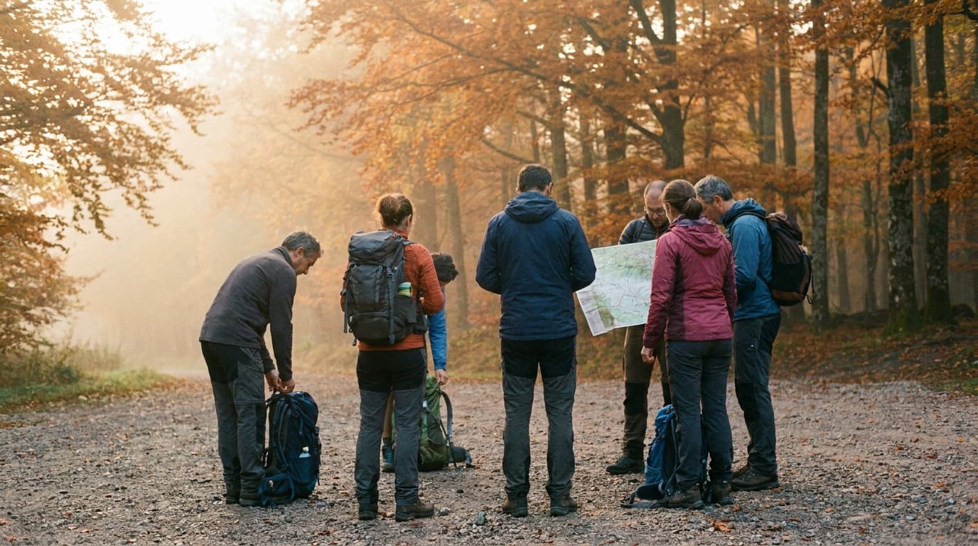 Groupe de randonneurs de dos au départ d'un sentier vosgien, matin d'automne doré
