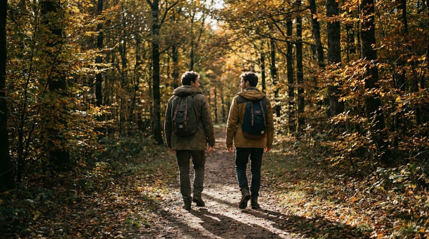 Deux randonneurs côte à côte sur un sentier vosgien en automne
