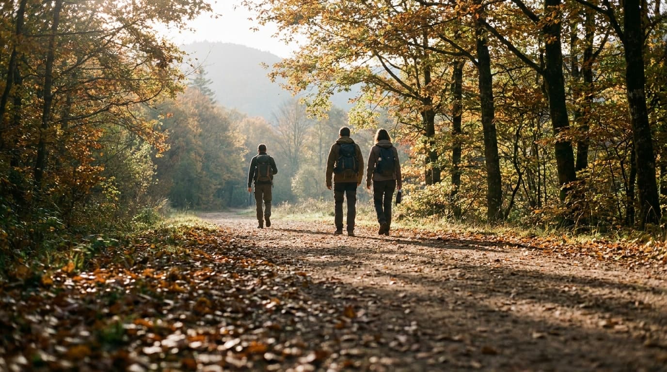 Groupe de randonneurs de dos sur un sentier forestier vosgien en automne doré