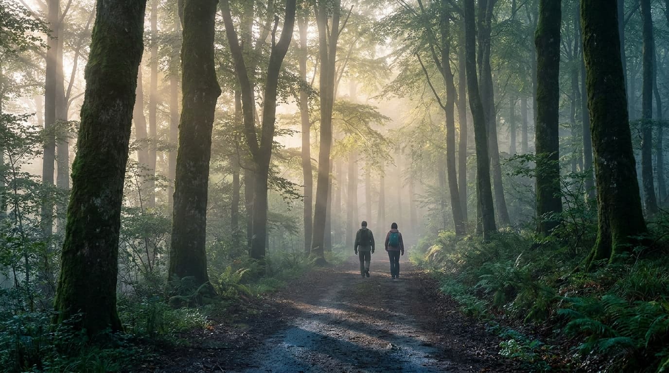 Sentier ombragé en hêtraie du Massif Central, tôt le matin en été, deux silhouettes de dos.