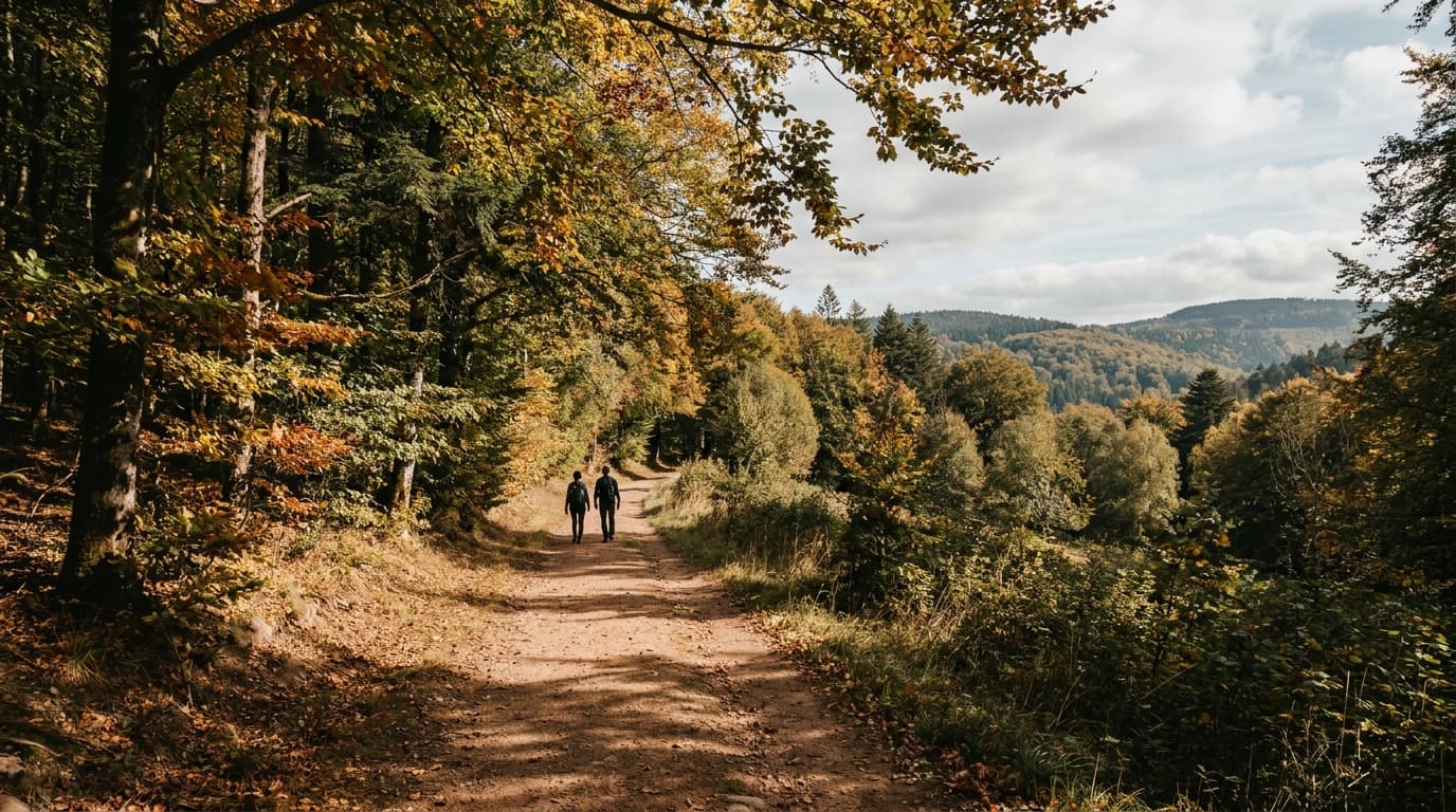 Deux silhouettes de randonneurs sur un sentier forestier automnal dans les Vosges
