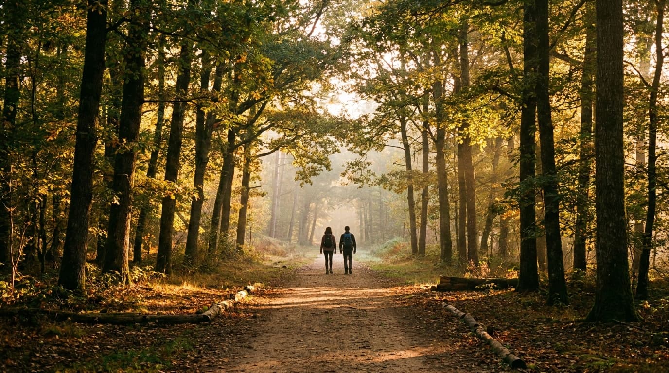 Deux silhouettes sur un sentier forestier en automne doré, forêt française