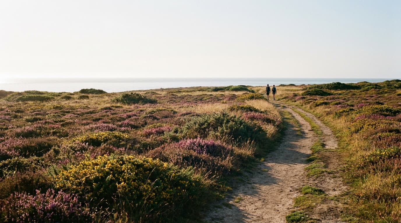 Sentier côtier breton au petit matin en août, deux silhouettes marchent vers l'horizon.