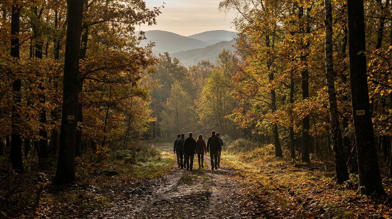Groupe de randonneurs célibataires sur un sentier PR en forêt automnale française, lumière dorée du matin