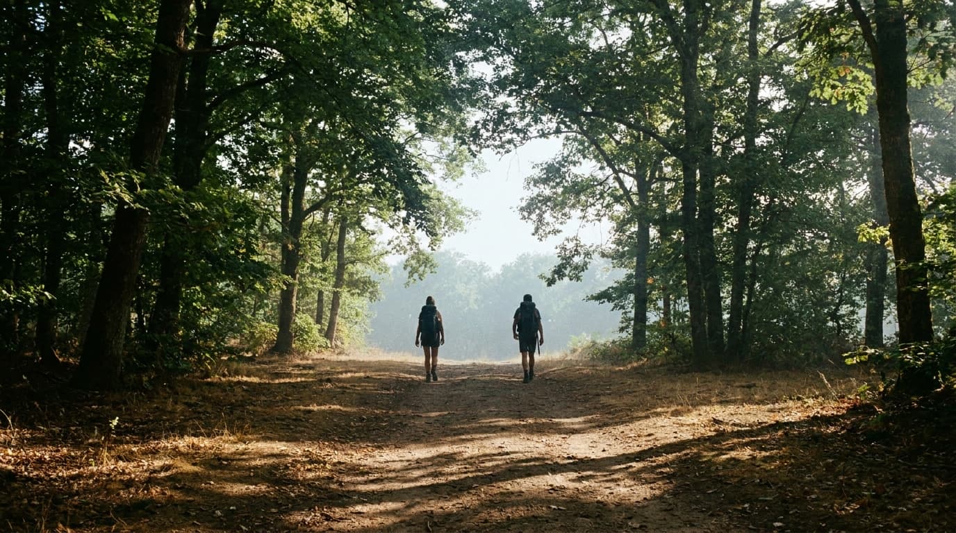 Deux silhouettes sur un sentier ombragé en forêt, tôt le matin en août