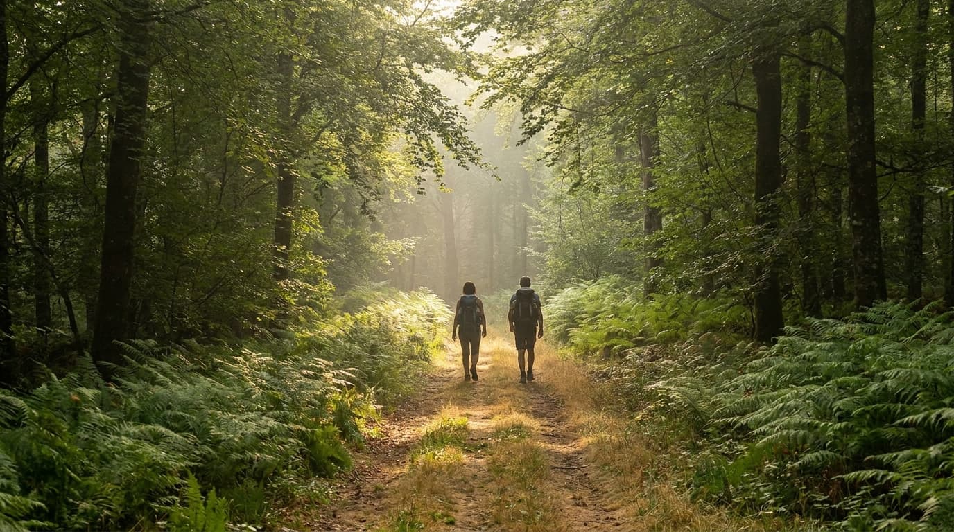 Sentier ombragé en hêtraie du Massif Central, deux silhouettes de dos en randonnée matinale en août