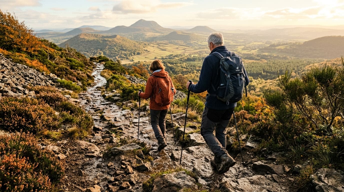 Two hikers in their fifties on a descending mountain trail in the French Massif Central, using trekking poles on a wet rocky path, wearing hiking boots and light backpacks, golden afternoon light, rea