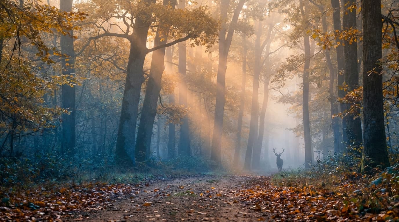 Forêt française brumeuse à l'aube en septembre, cerf en silhouette au loin
