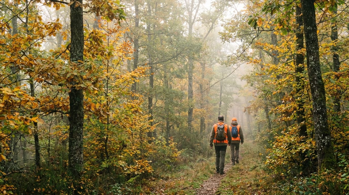 Deux randonneurs de dos en gilet orange dans une forêt française brumeuse en automne