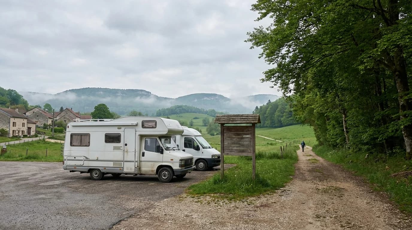 Aire de camping-cars au départ d'un sentier balisé, matin de printemps dans le Jura