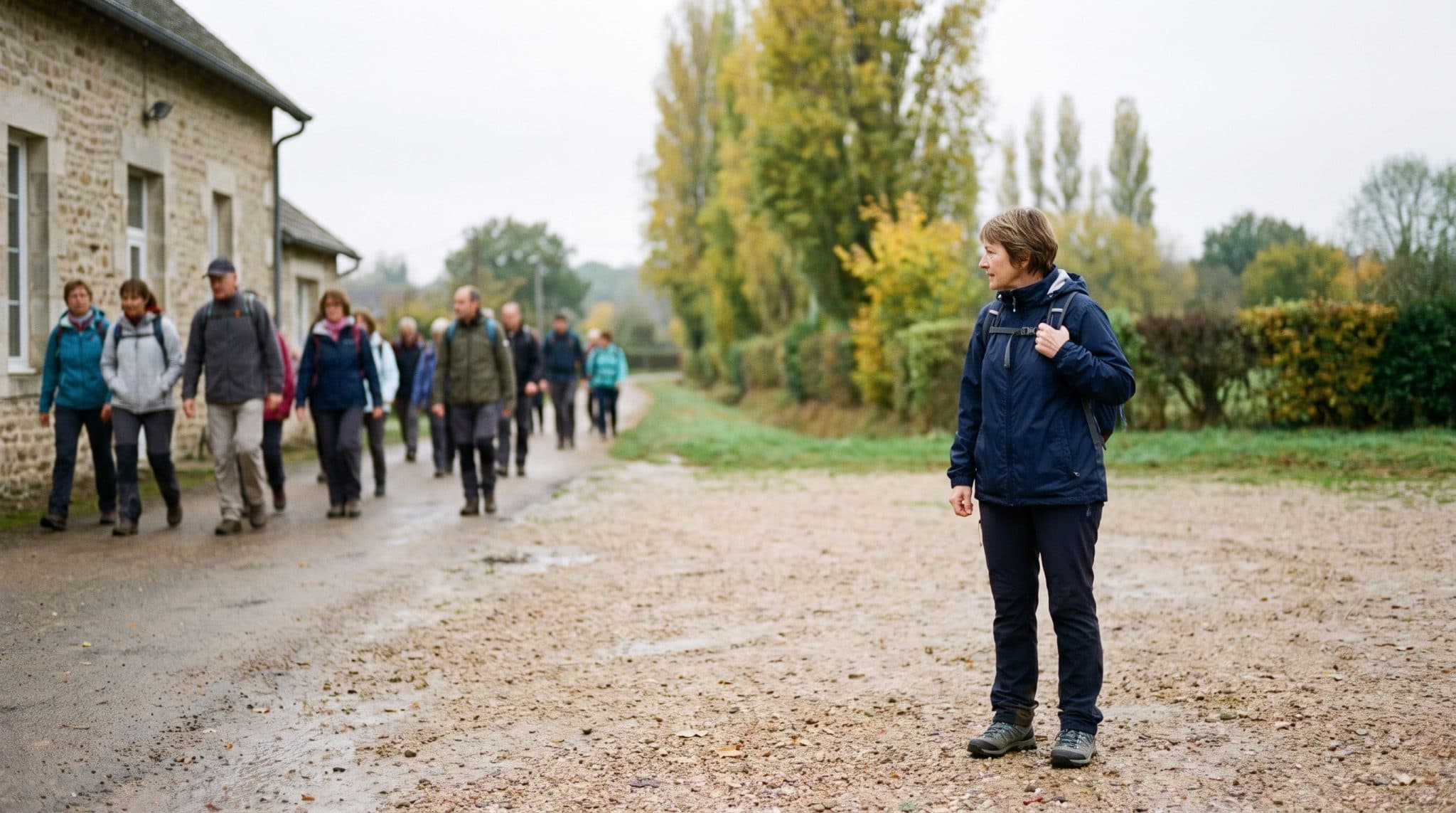 Une marcheuse d'une cinquantaine d'années arrive seule au départ d'une marche organisée en automne