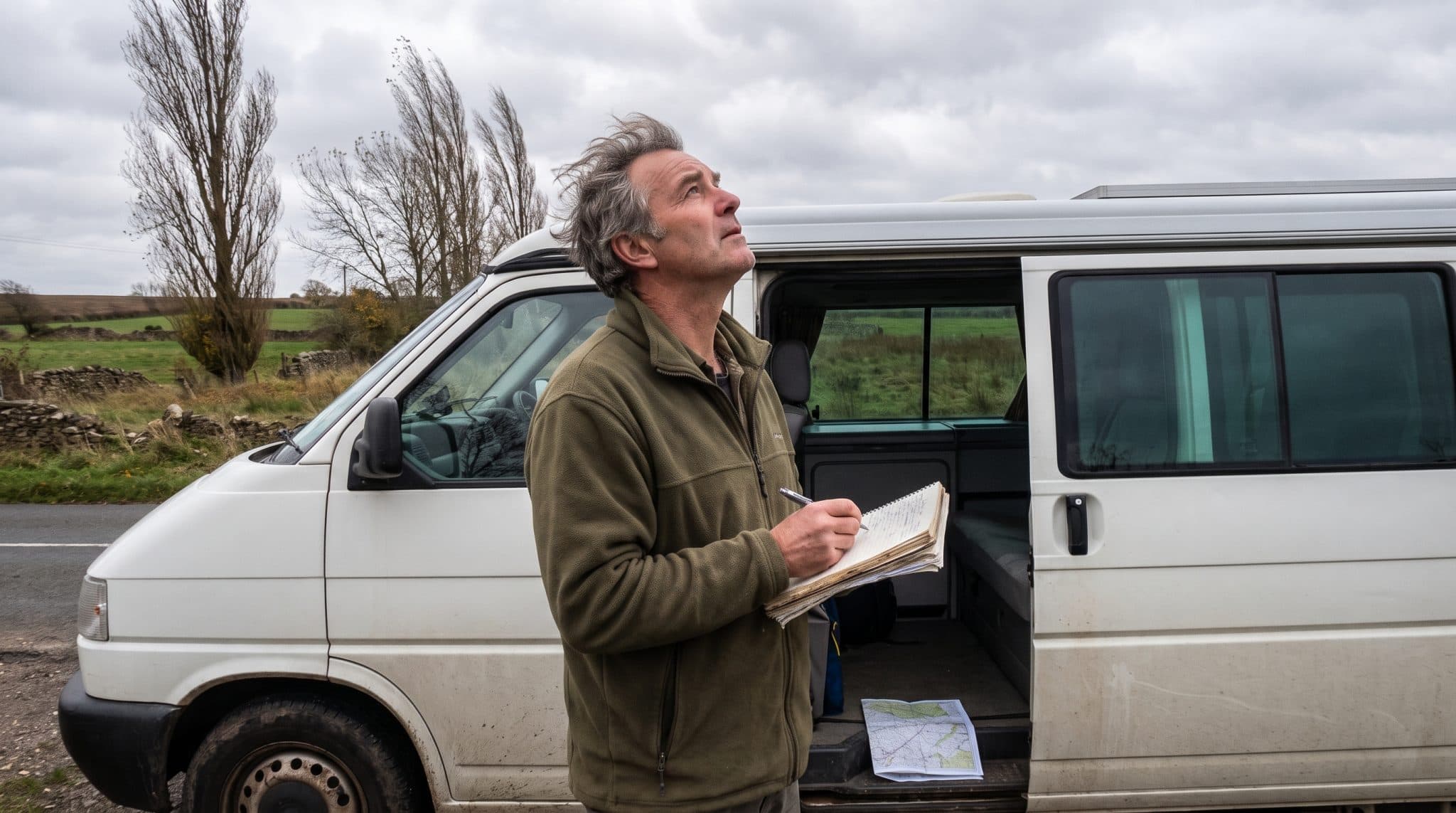 Camping-cariste debout près de sa porte latérale, carnet en main, sous un ciel venteux d'automne