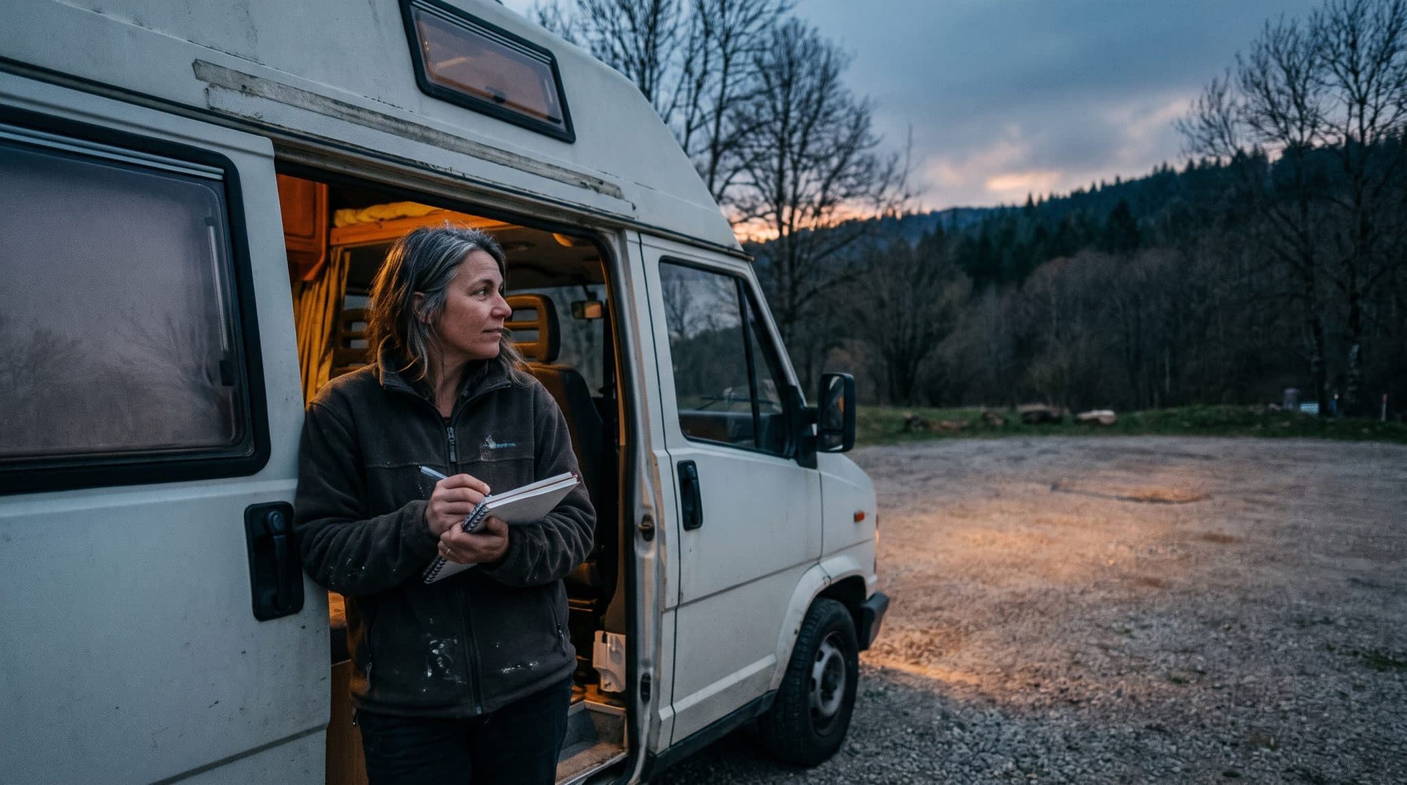 Femme devant son camping-car à la tombée du jour, carnet papier à la main