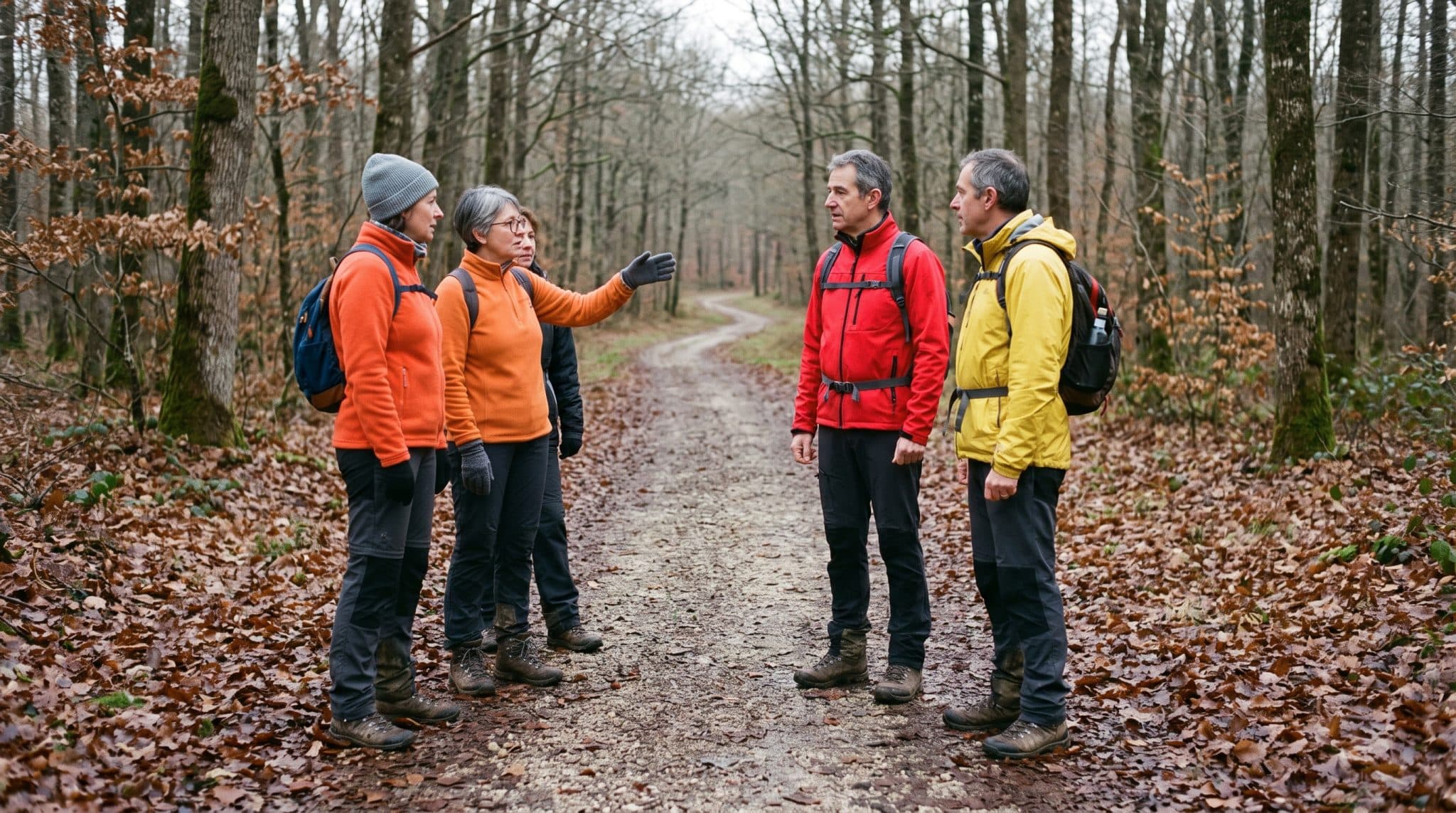 Groupe de randonneurs en vestes vives discutant sur une piste forestière en automne