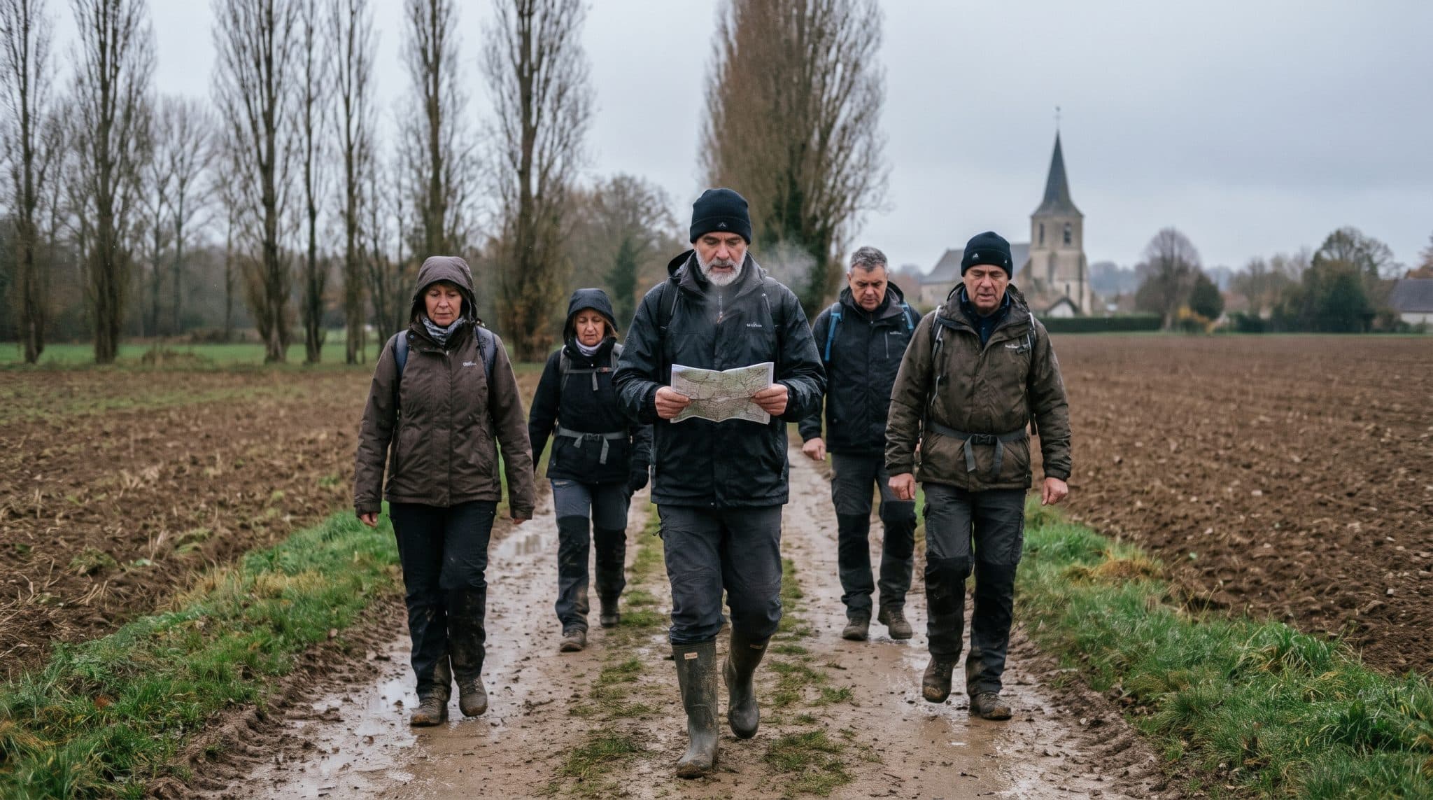 Marcheurs quinquagénaires partant sur un chemin boueux un matin de novembre